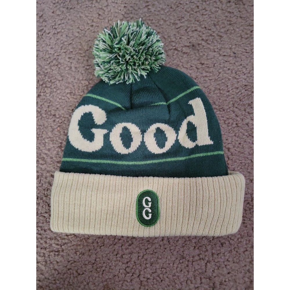 New Green & Cream Knit Cap with Pom Pom one Size Fleece Lined